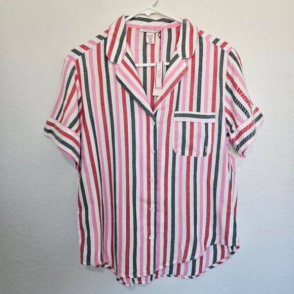 NWT Victoria's Secret | Flannel Pajama Short Set Preppy Striped Pink Women Small - Picture 2 of 6